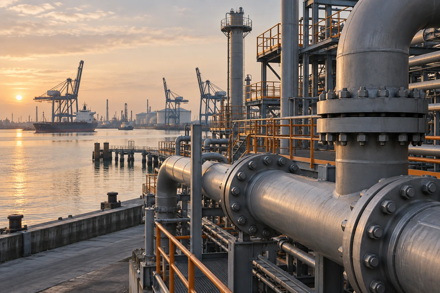 Sfeerbeeld van leidingwerk, flensverbindingen en havenkranen